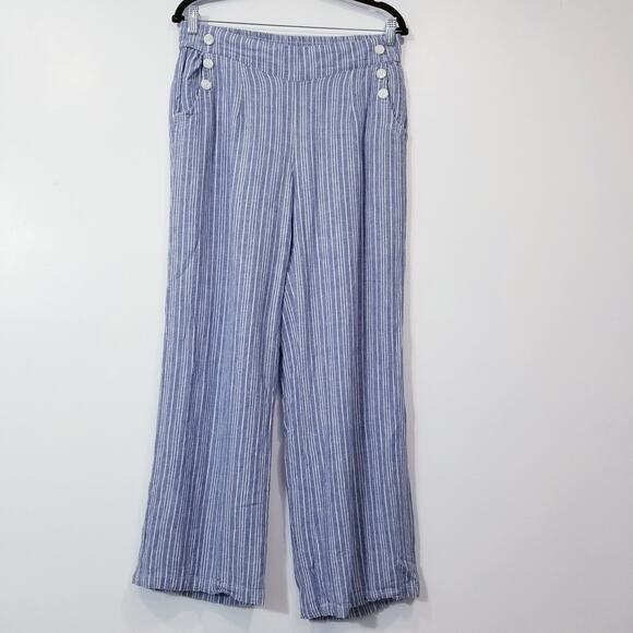 Land' n Sea Stripes Linen Blend Straight Leg Pants White and Blue - Picture 1 of 12